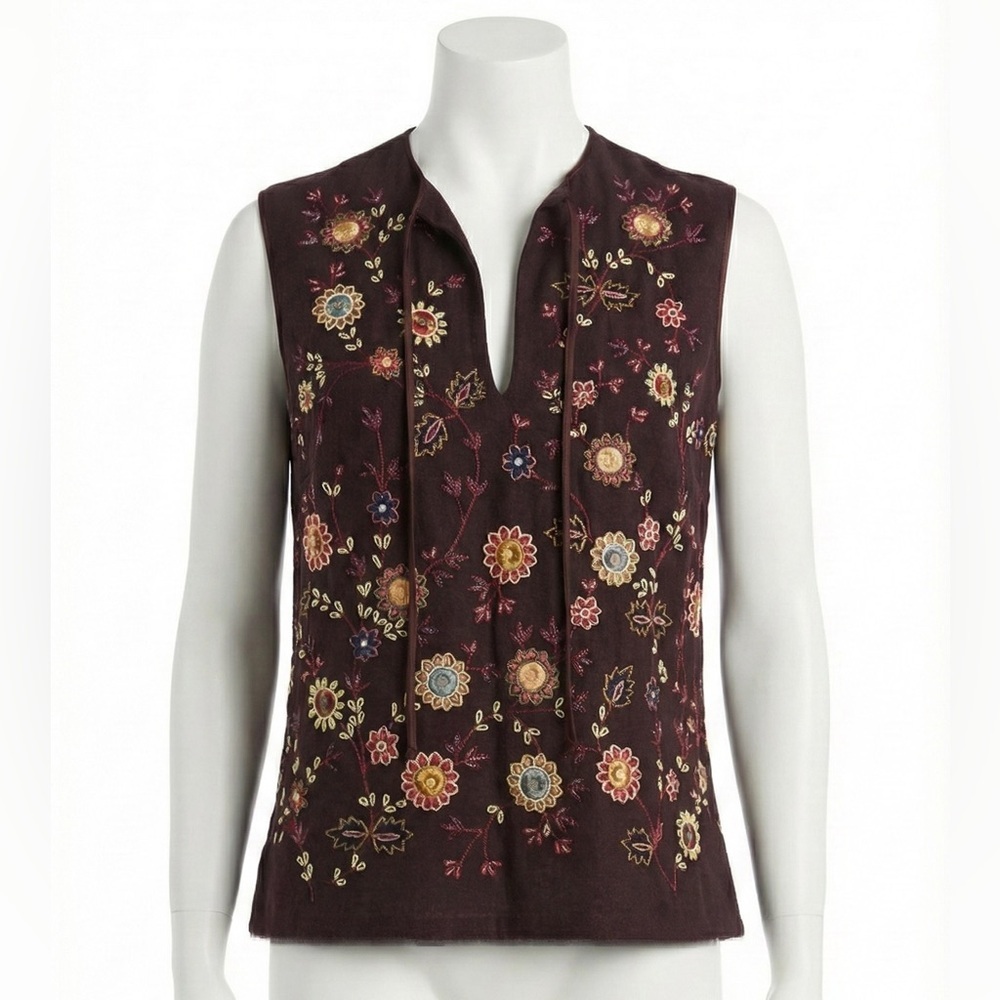 Megan Park England Luxurious 100% Silk Beaded Floral Boho Embroidered Tunic Top